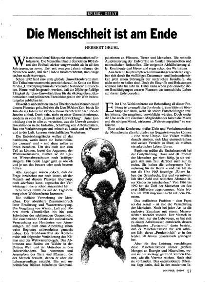 Dr. Herbert Gruhl: Die Menschheit ist am Ende - Artikel bzw. ein Essay im SPIEGEL 13/1992